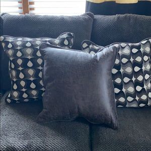 3 decorative black grey and white pillows